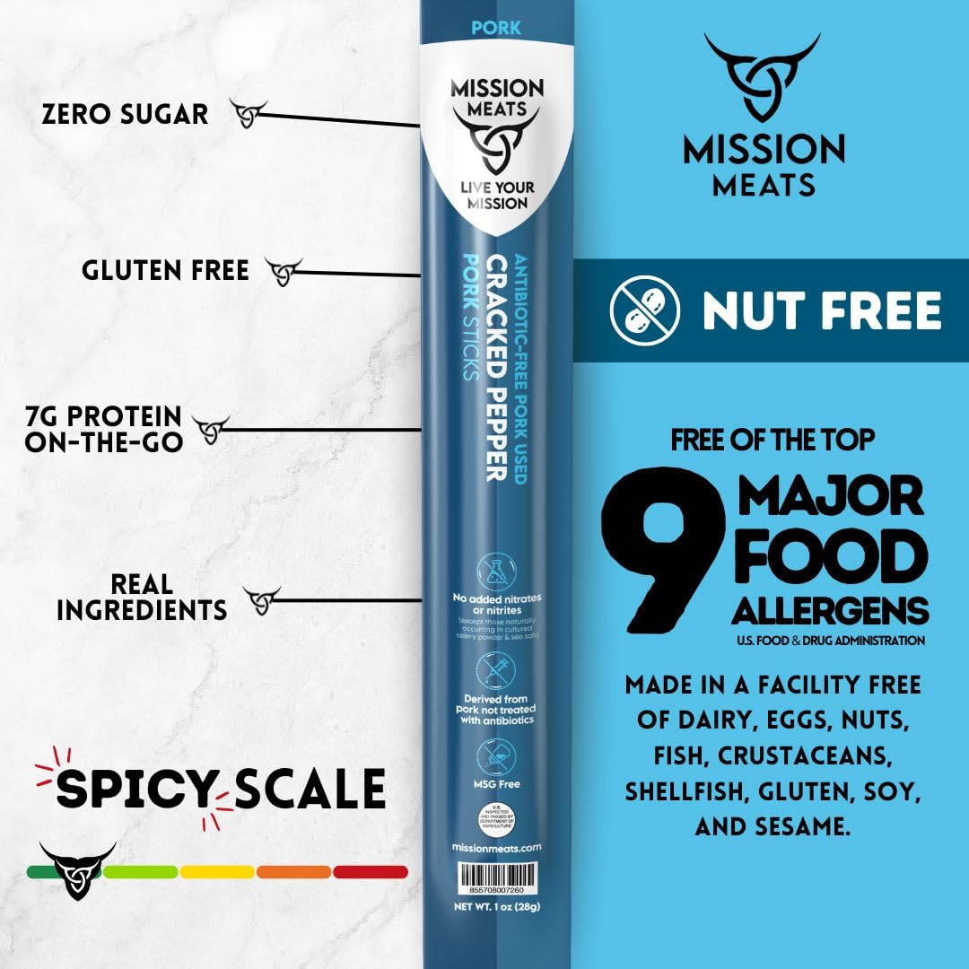 Mission Meats  ed Pepper Pork Meat Sticks, Sugar Free, AIP Friendly, 1oz (12ct)