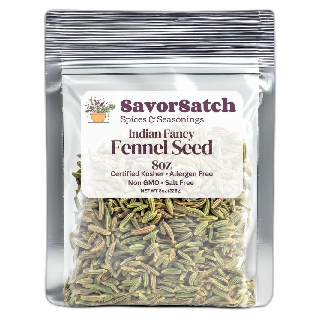 SavorSatch Fennel Seeds - 8oz Resealable Stand-Up Pouch | Indian Fancy Green Whole Seeds | Non-GMO, Certified Kosher, Bulk Herb 