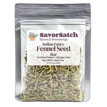 SavorSatch Fennel Seeds - 8oz Resealable Stand-Up Pouch | Indian Fancy Green Whole Seeds | Non-GMO, Certified Kosher, Bulk Herb 