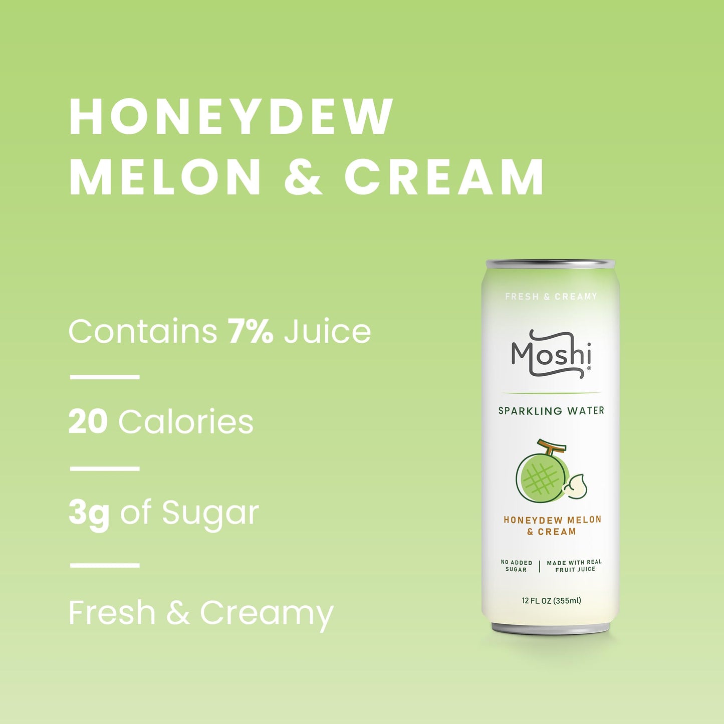 Moshi Sparkling Water - Asian Flavored Carbonated Drink with Real Fruit Juice - Low Calorie - 12 Fl Oz (Pack of 12) - Honeydew Melon & Cream