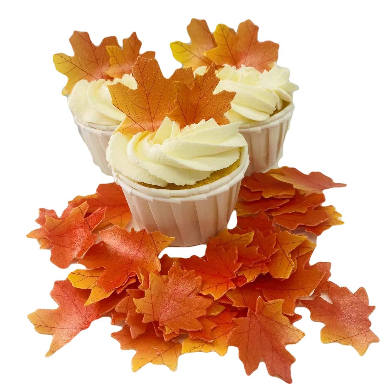 74Pcs Edible Fall Leaves Gold Cupcake Toppers Autumn Maple Leaves Wafer Rice Paper Cake Food Decoration Mixed 2 Size