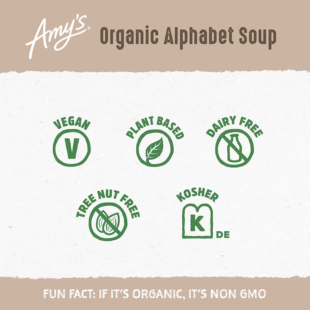 Amys Soup, Vegan Alphabet Soup, Low Fat, Made With Organic Potatoes, Carrots And Green Beans, Canned Soup, 14.1 Oz (12 Pack)