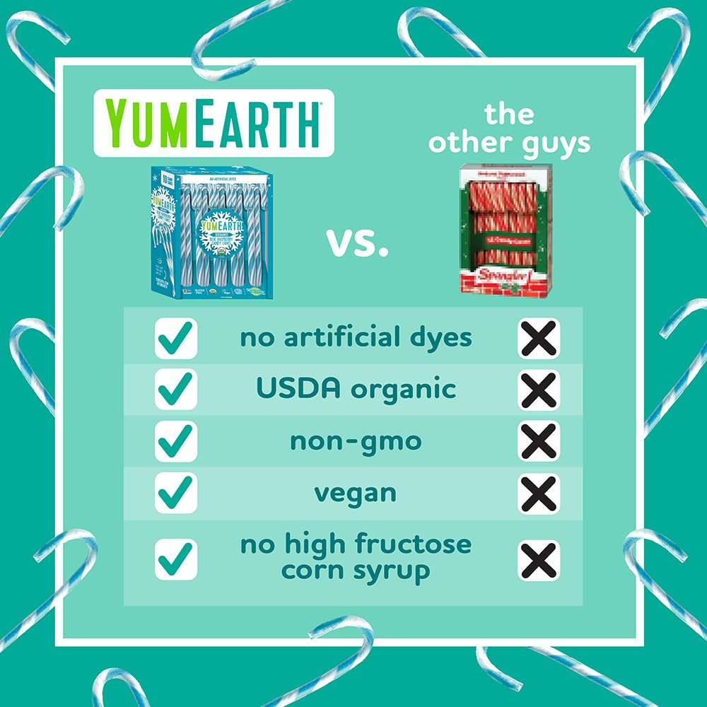 Yumearth Organic Candy Canes - Individually Wrapped Full Size Blue Raspberry Candy Canes - Dye Free, Allergy Friendly, Non Gmo,