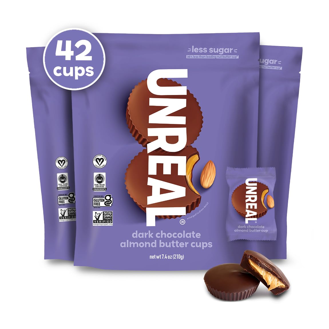 UNREAL Dark Chocolate Almond Butter Cups | Vegan, Gluten Free, Non-GMO | 7.4oz (Pack of 3)