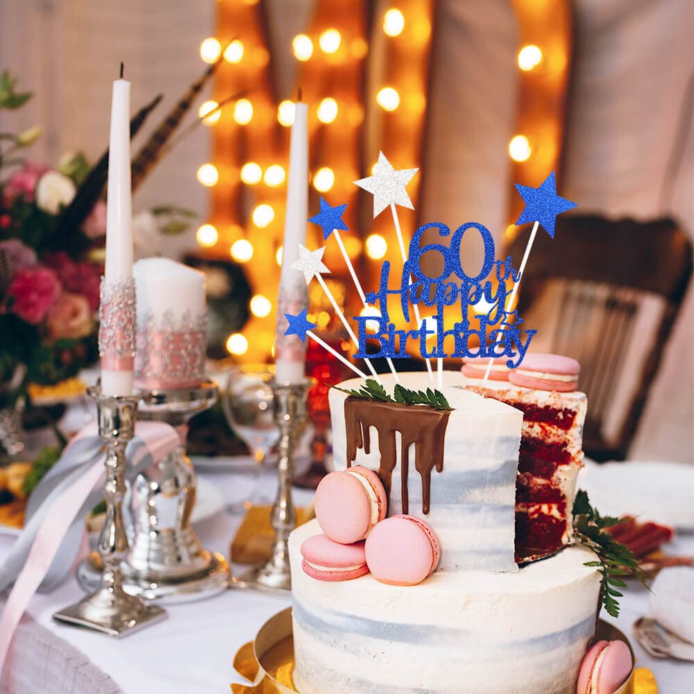 Pargleev Glittery 60Th Happy Birthday Cake Topper With Star,Personalised 60 Birthday Cake Toppers Party Decorations Party Suppli