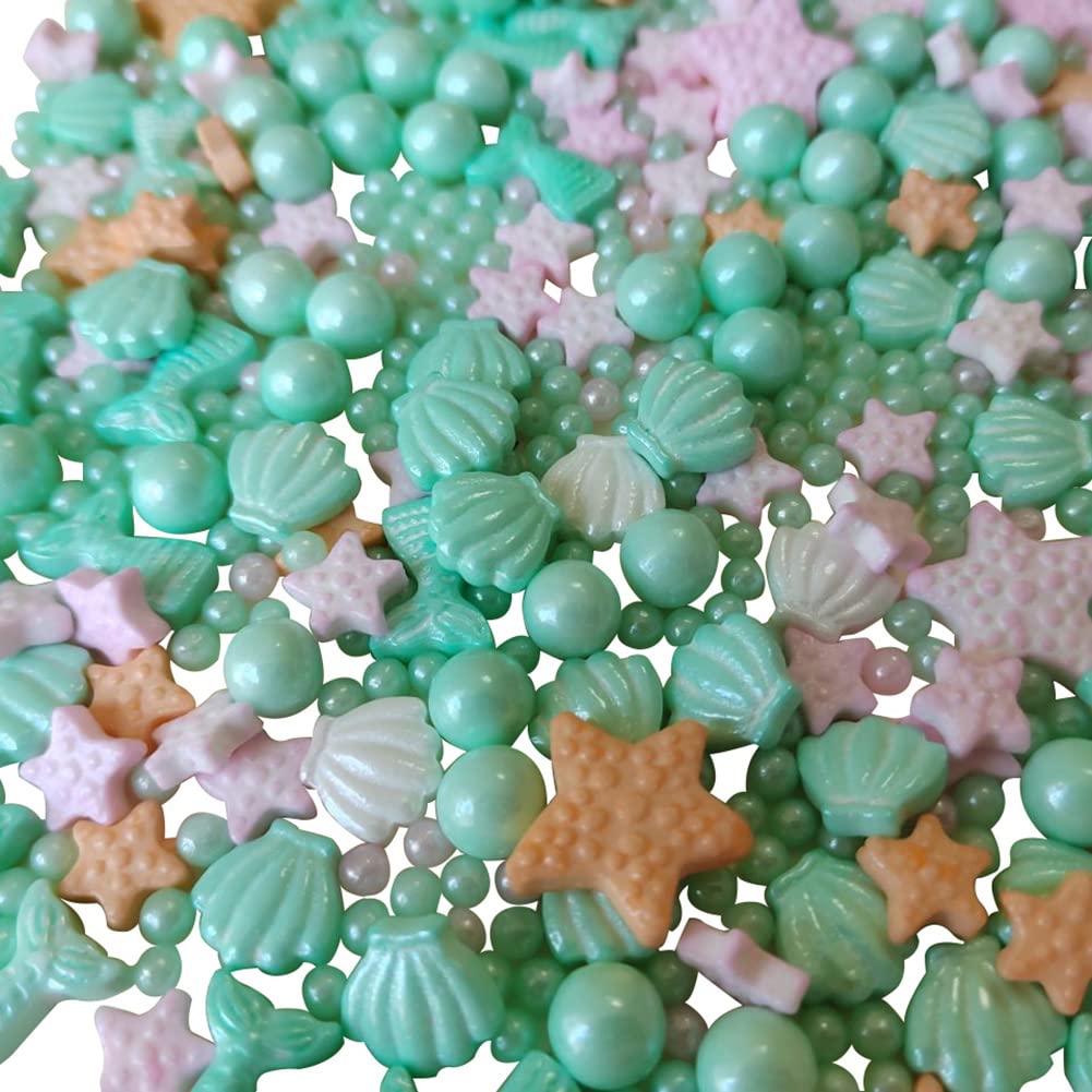 Homankit Mermaid Sprinkle Sweets Sprinkles For Baking Dessert Cupcake Cake Topper Starfish Shell Pearl Mermaid Candy Mix 3.53 Ounces Green