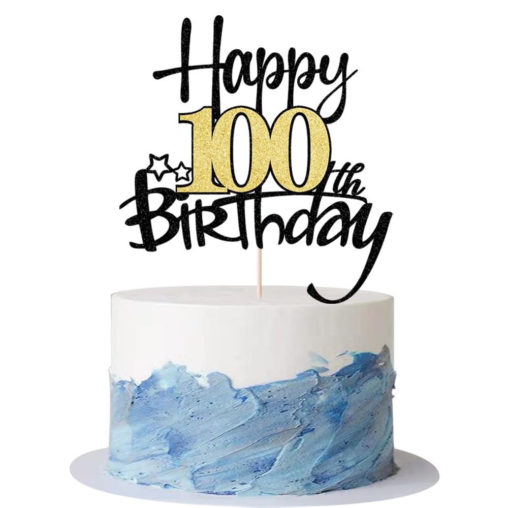 Kaoenla Black Gold Glitter Happy 100th Birthday Cake Topper - Hello 100/Cheers100,Happy fourteen Birthday Anniversary,100 years 