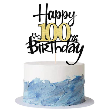 Kaoenla Black Gold Glitter Happy 100th Birthday Cake Topper - Hello 100/Cheers100,Happy fourteen Birthday Anniversary,100 years 