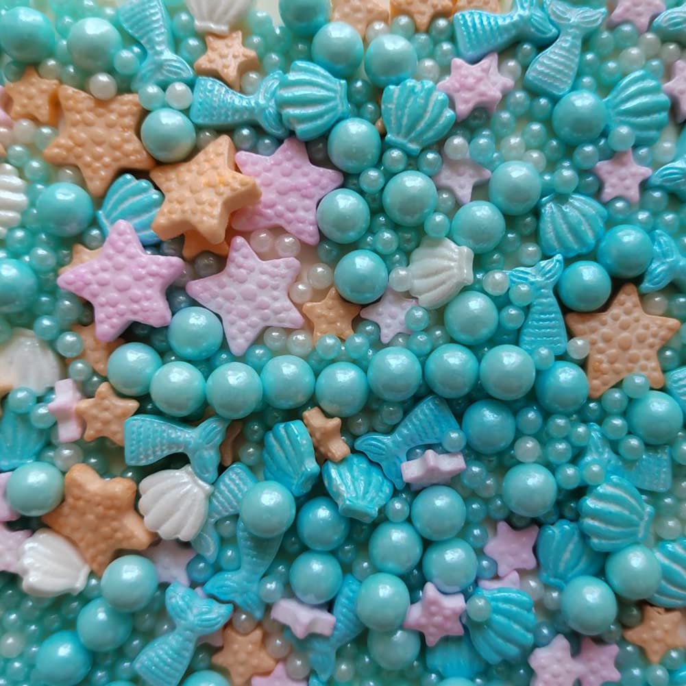 Homankit Mermaid Sprinkle Sweets Sprinkles for Baking Dessert Cupcake Cake Topper Starfish Shell Pearl Mermaid Candy Mix 3.53 Ou