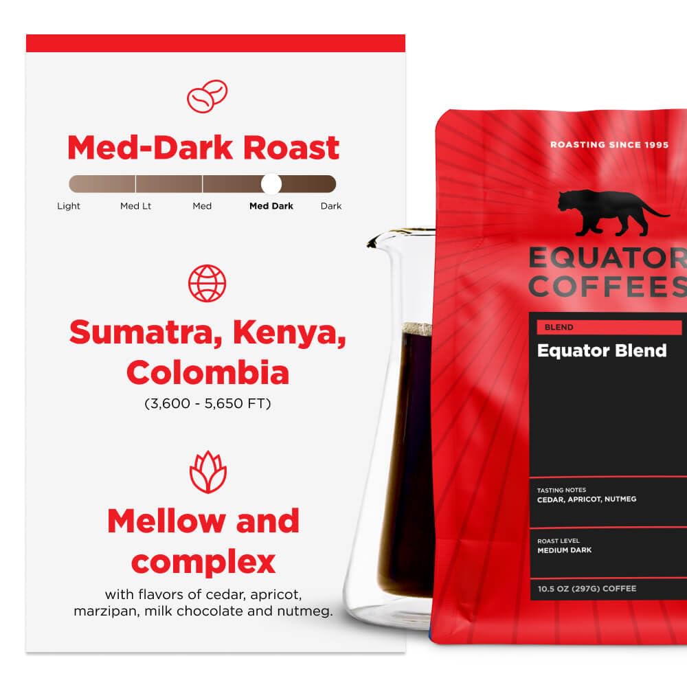 Equator Coffees, Equator Blend Ground Coffee, Medium Dark Roast, Fresh Roasted, Smooth Chocolate & Nutmeg Flavor Notes, Sustaina