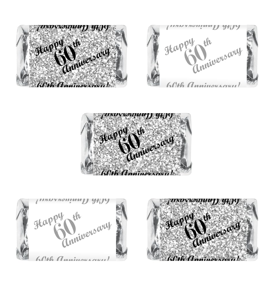 60Th Anniversary Miniatures Candy Bar Wrapper, (Set Of 60) Mini Candy Chocolate Bar Stickers; Silver And White, Candy Not Includ