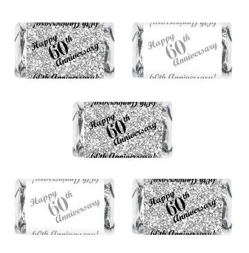 60Th Anniversary Miniatures Candy Bar Wrapper, (Set Of 60) Mini Candy Chocolate Bar Stickers; Silver And White, Candy Not Includ
