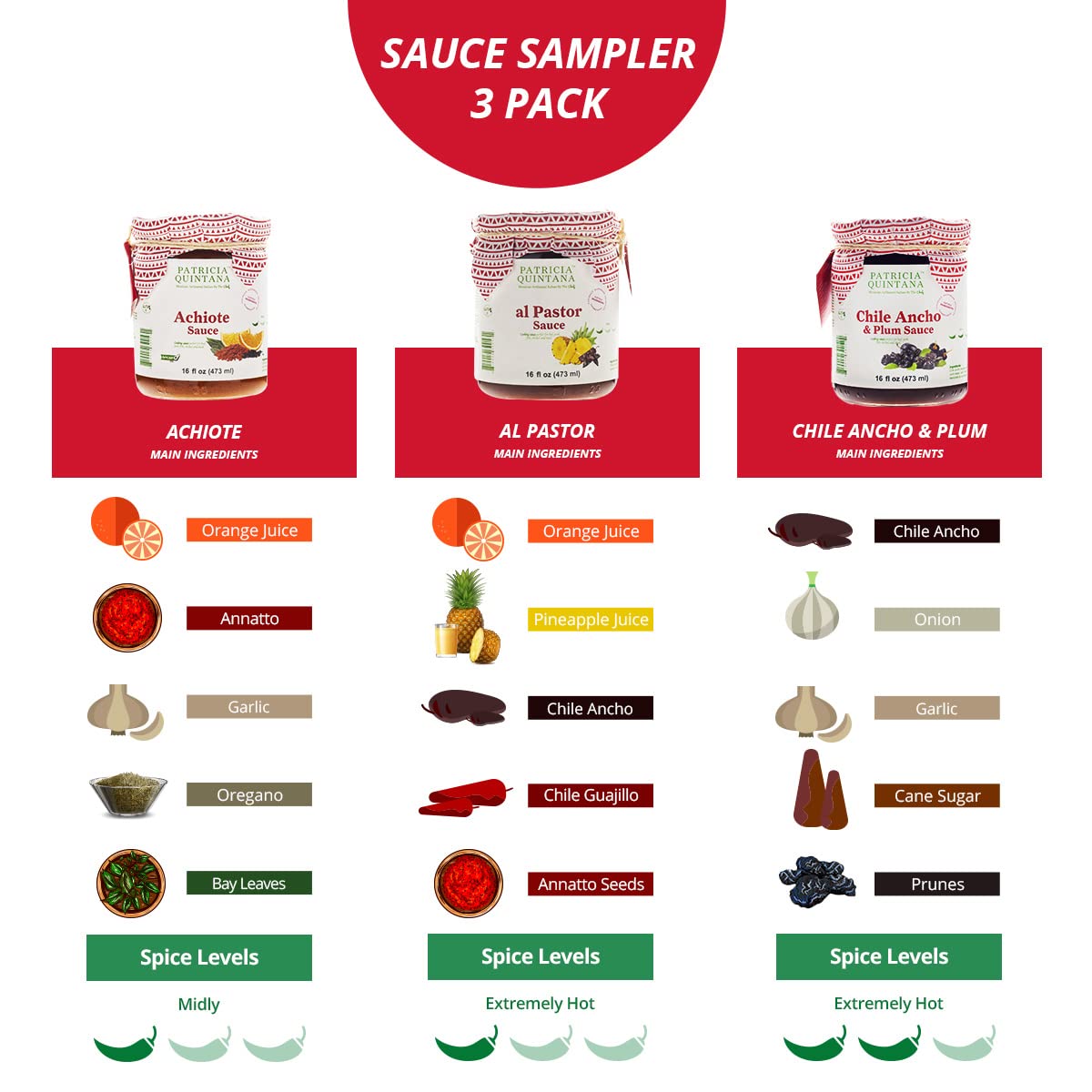 Patricia Quintana Mexican Marinade Sampler - Includes Achiote, Al Pastor, Chile Ancho & Plum (16 Oz, 3-Pack)