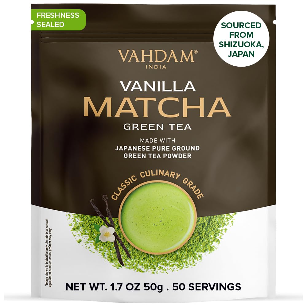 VAHDAM Vanilla Matcha Green Tea Powder - Premium Japanese Matcha with Madagascar Vanilla - 1.76oz - Vegan & Gluten-Free