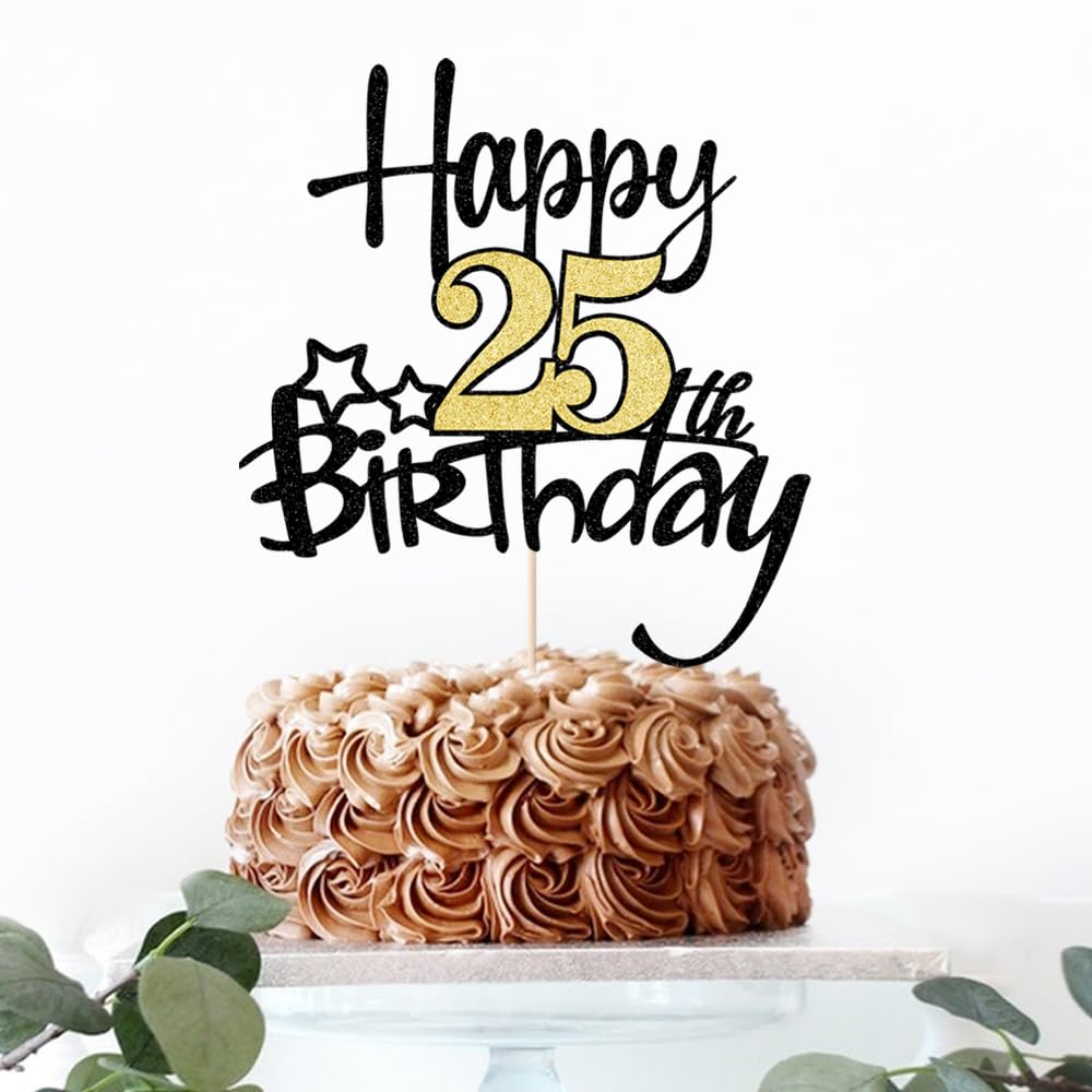 Kaoenla Black Gold Glitter Happy 25Th Birthday Cake Topper - Hello 25/Cheers25,Happy Twenty-Five Birthday Anniversary,25 Years O