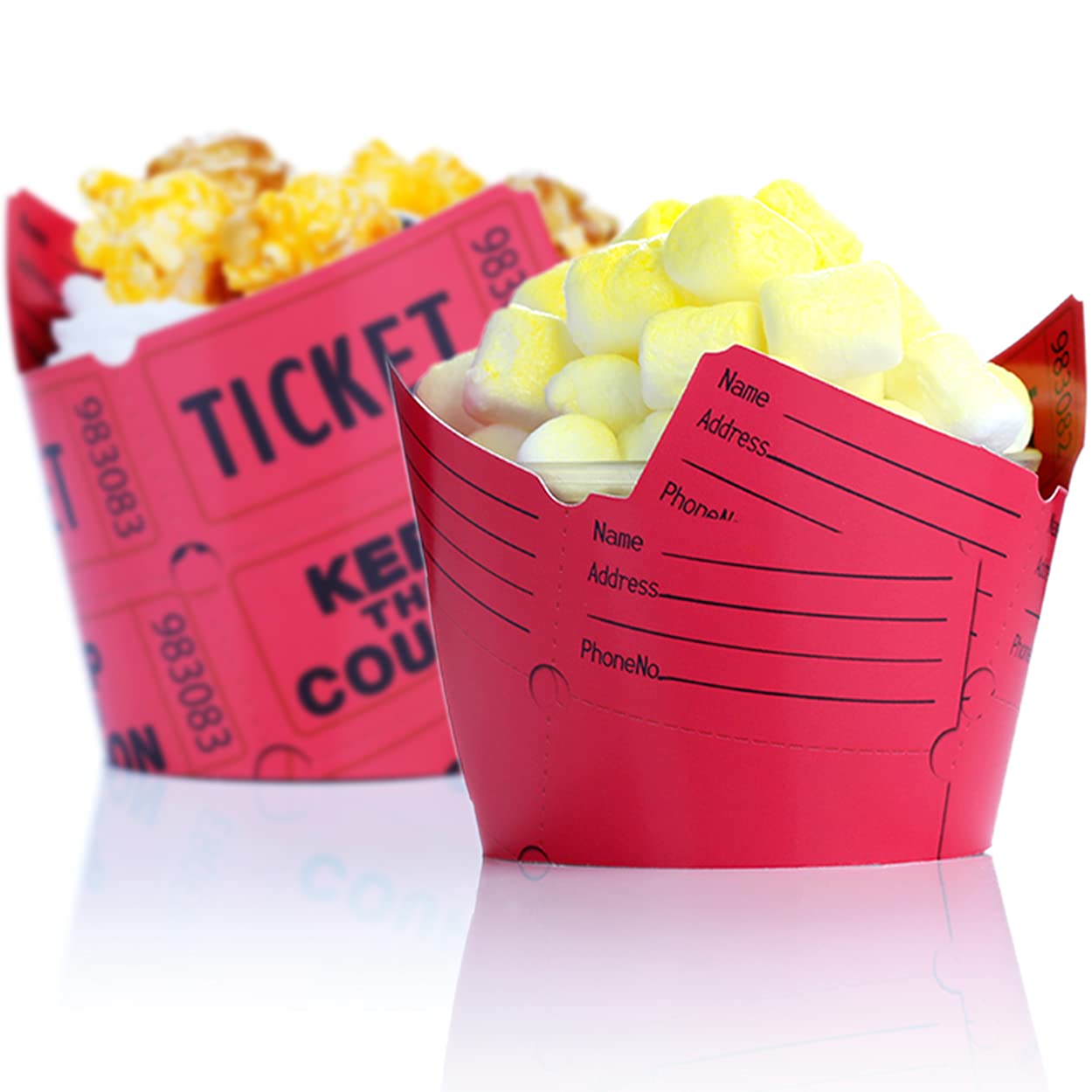 Pretty Cute Studios Raffle Ticket Cupcake Wrappers, 36 Count, Red, Cardstock - Circus, Carnival, Movie Night Party Decorations