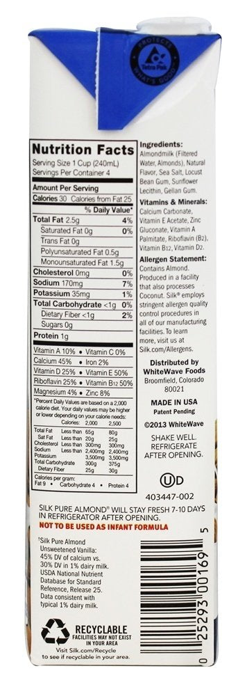 Silk Pure Almond Milk - Unsweetened Vanilla - Case Of 6 - 32 Fl Oz(D0102H5K87J)