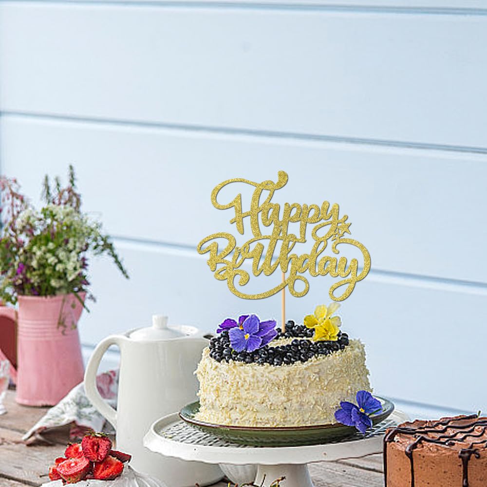 Crseniny Happy Birthday Cake Topper,Gold Glitter Birthday Sign Cake Decorations,Anniversary Party/Birthday Party Decoration Supp