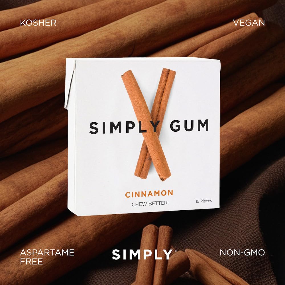 Simply Gum | Cinnamon | Plant- Based Chewing Gum | Pack Of Six (90 Pieces Total) | Synthetic Free + Aspartame Free + Non Gmo