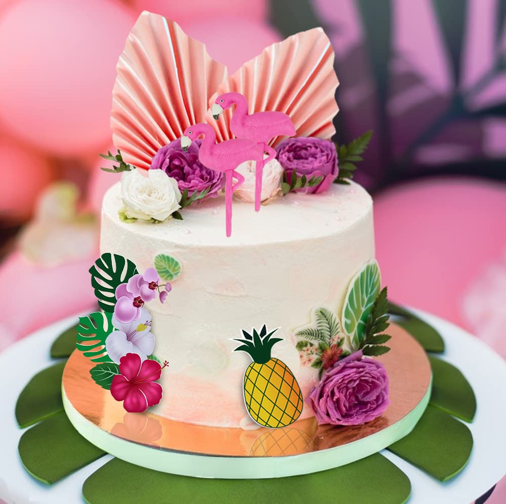 12 Pcs Flamingo Cake Toppers Flamingo Palm Leaves Hibiscus Flowers Hawaiian Cake Decorations For Tropical Luau Themed Birthday W