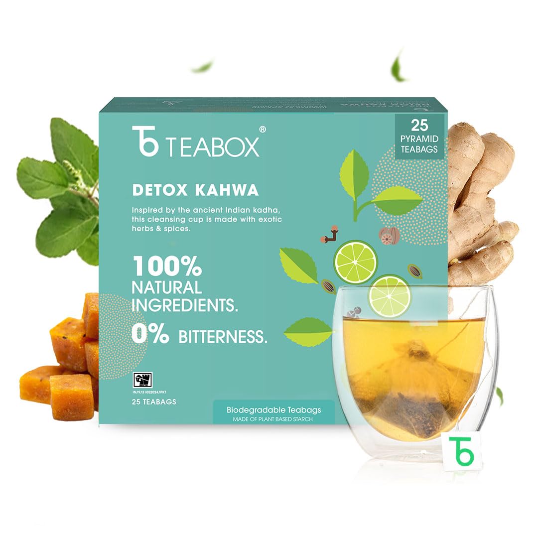 Teabox Enhanced Detox Green Tea | 100% Whole Leaf Green Tea With Ginger, Salt, Basil, Nutmeg, Pepper And Asafoetida | 0% Bitterness | 25 Tea Bags