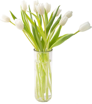 KaBloom Flowers -Valentine's Day Collection - 10 White Tulips with vase, Gift for Birthday, Sympathy, Anniversary, Get Well, Tha