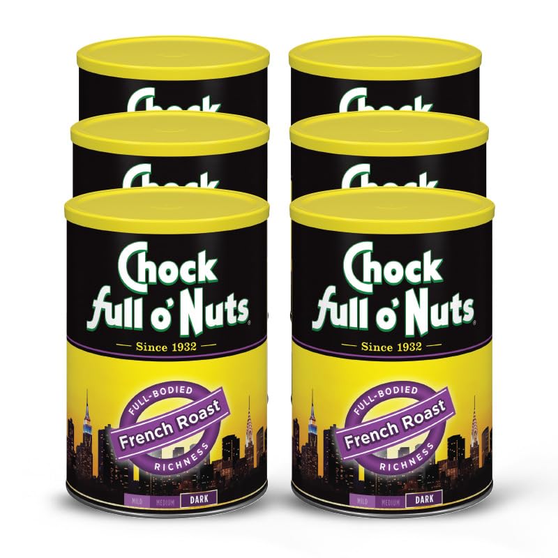 Chock Full O Nuts French Roast Ground Coffee - Top-Grade Beans In Recyclable Steel Can - Rich Flavor & Aroma  Dark Roast - Perfect For Drip  Pour-Over  Percolator - 10.3 Oz Can  Pack Of 6