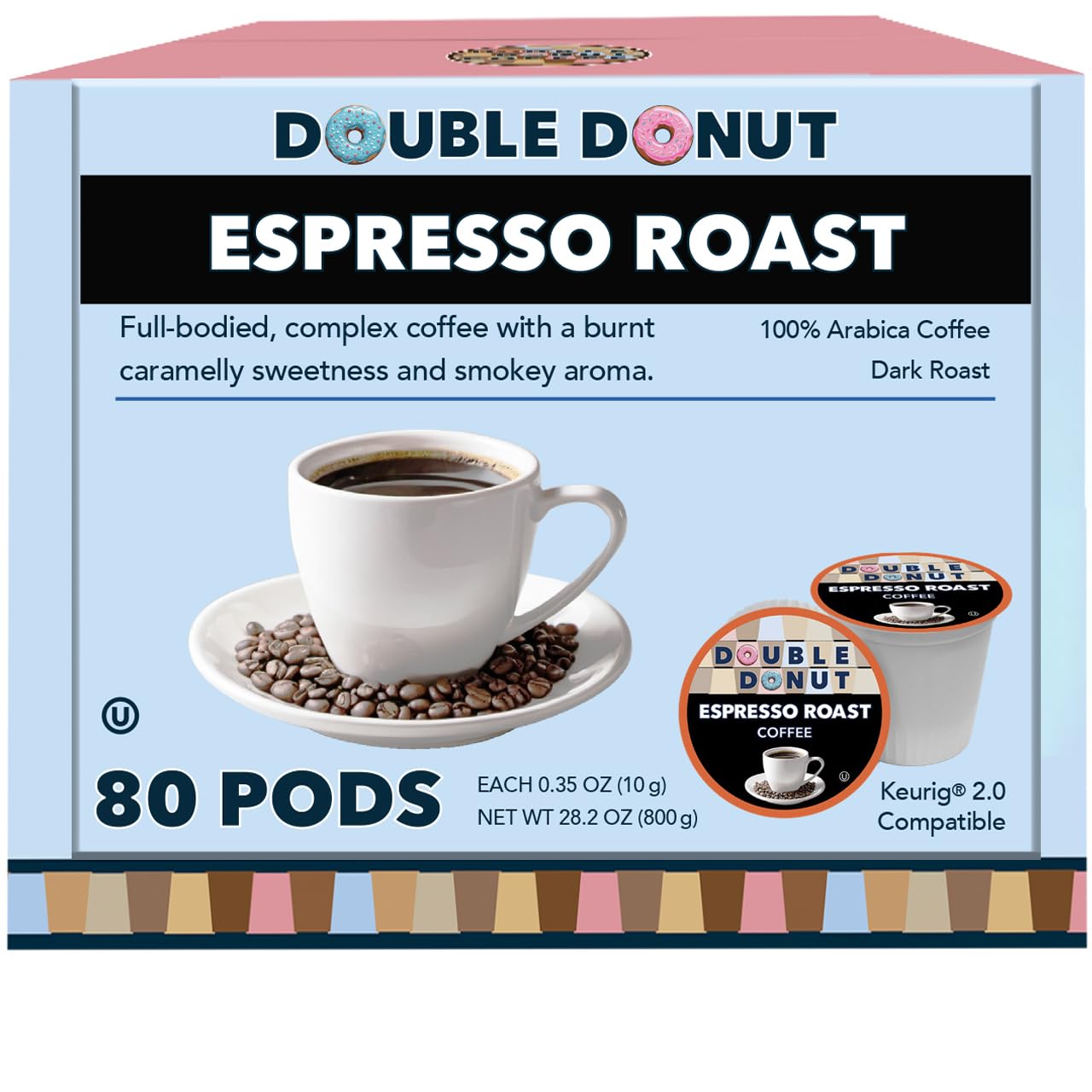 Double Donut Coffee Espresso Coffee Pods, Dark Espresso Roast, 80 Count, for Keurig K Cup Brewer Machines, Original Version