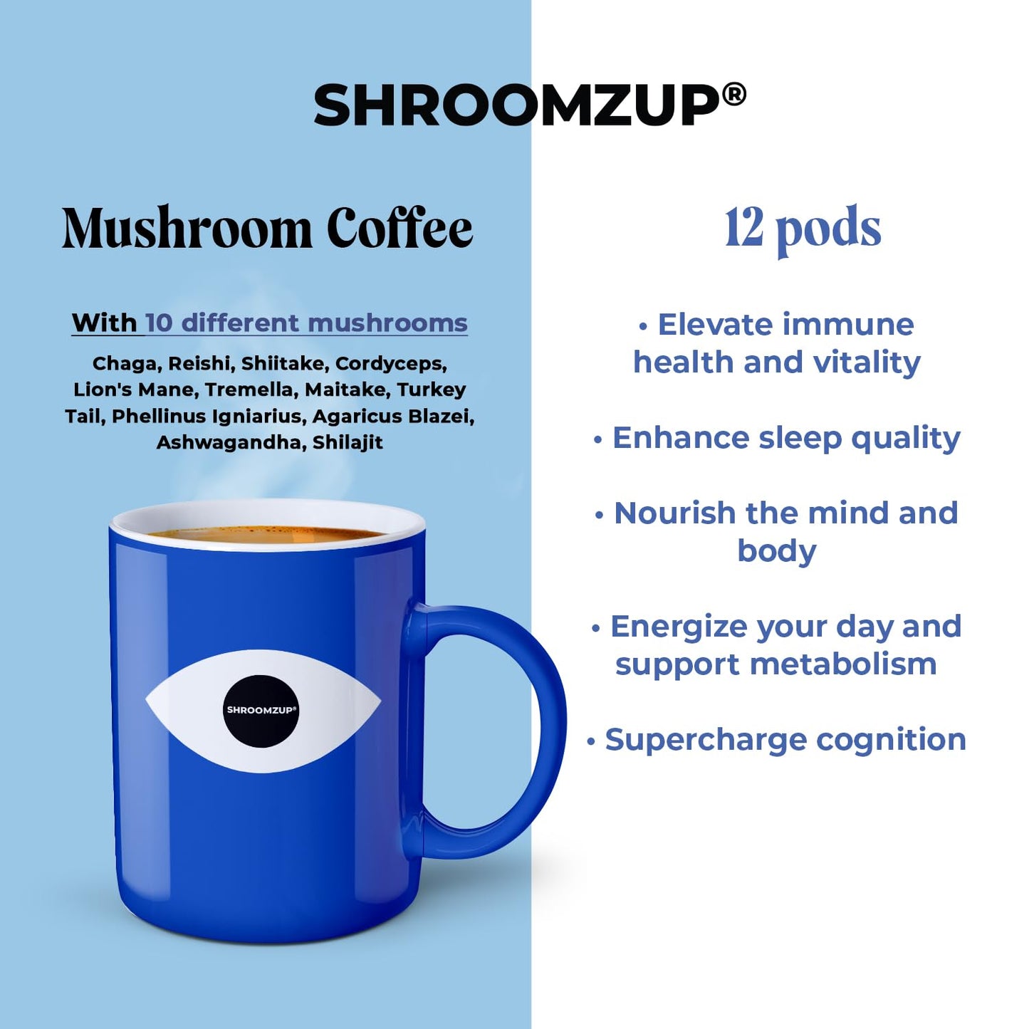 Shroomzup Mushroom Coffee K Cups 12 Pods - 10 Mushroom Coffee With Ashwagandha And Shilajit - Dark Roast Single Serve K-Cup Pods