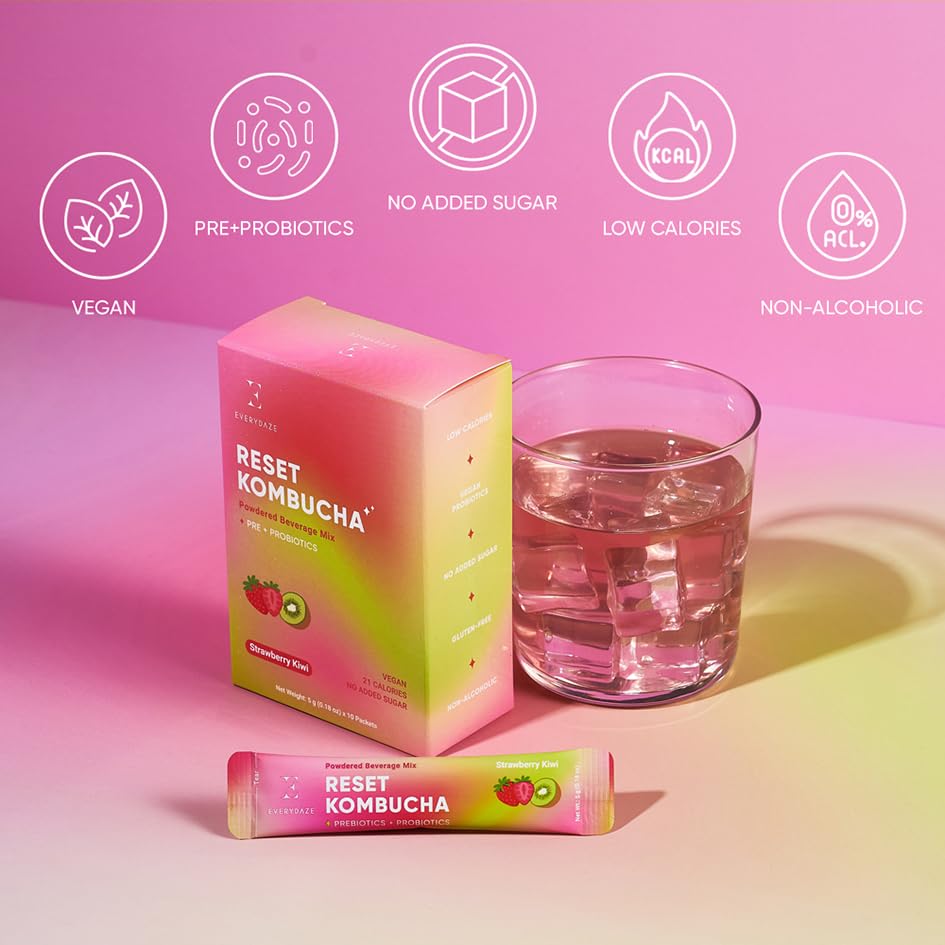 E EVERYDAZE Kombucha Tea Powder Mix, Vegan, No Added Sugar, 10 Sticks, Strawberry Kiwi Flavor, Gluten Free, 0.18 Ounce