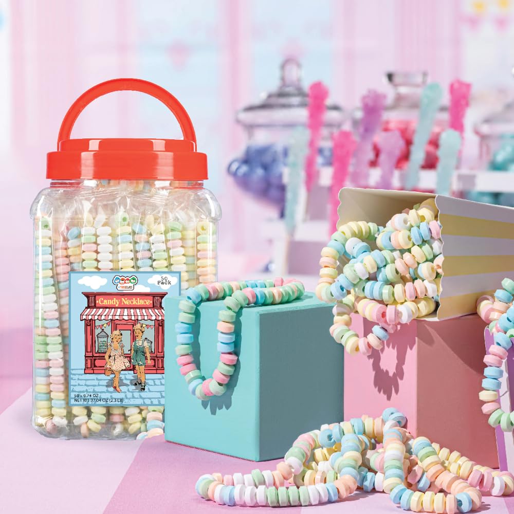 50 Candy Necklaces Individually Wrapped, Choker Style, Nostalgic Pastel Candy Jewelry Perfect for Party Favors, Pinata Fillers a