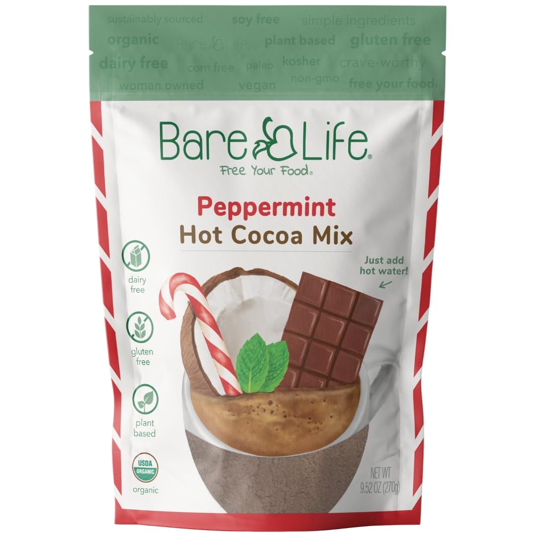 Bare Life: Instant Dairy Free Peppermint Hot Cocoa Mix - 10 Serving Pouch | Gluten Free, Vegan, Organic, Plant Based, Paleo, Soy