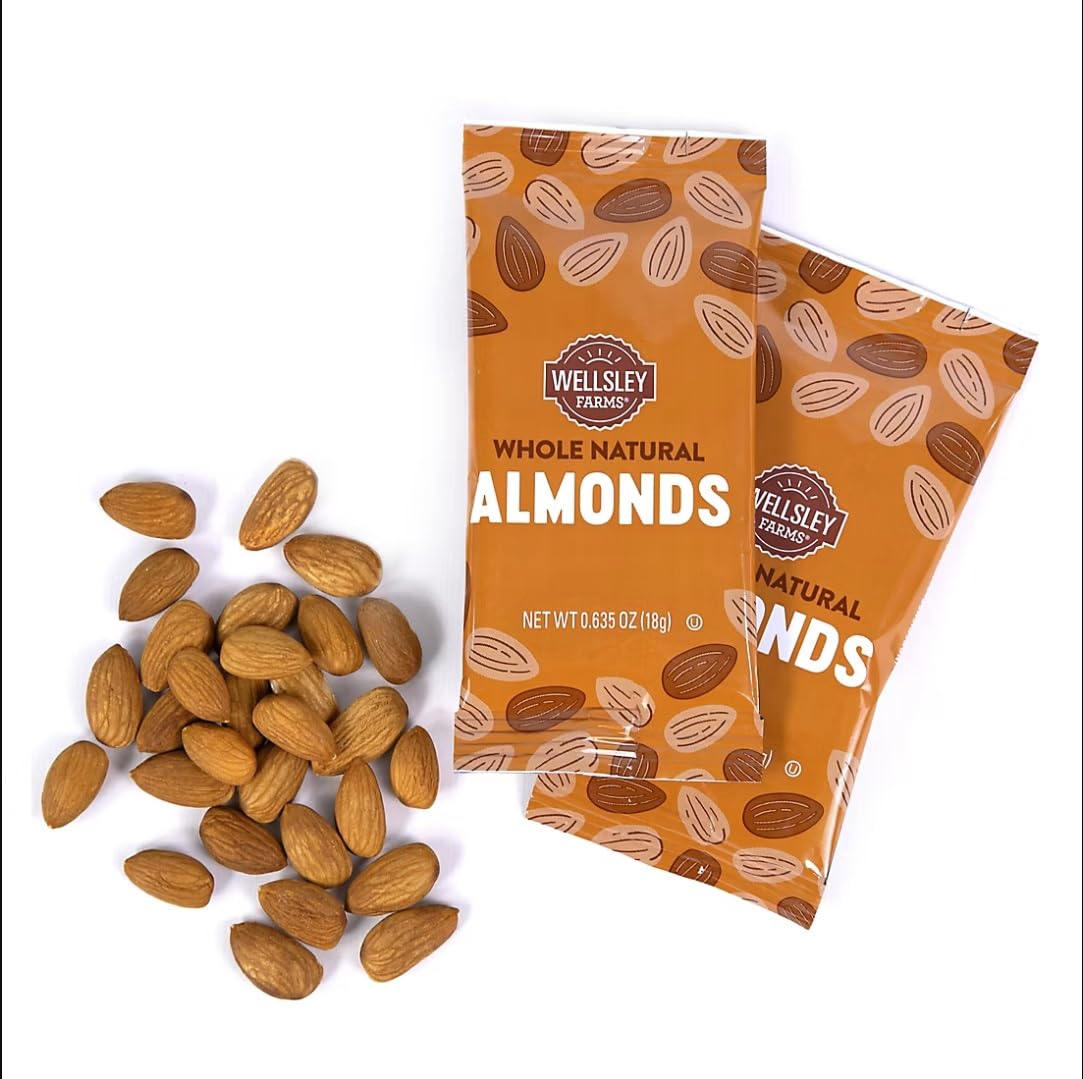 Wellsley Farms 100 Calorie Almond Snack Packs, Gluten-Free, Kosher, Non-Gmo, 32-Count Convenient Single-Serve Packs. No Salt.