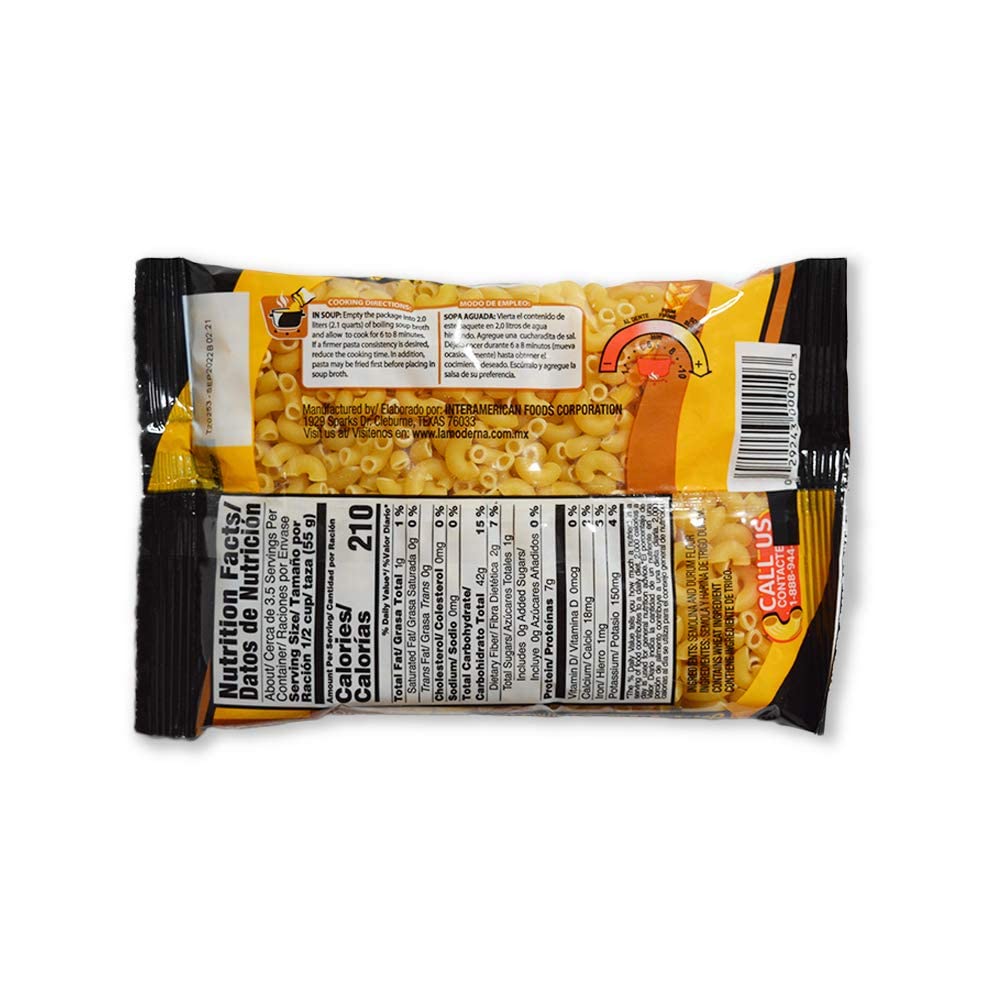 La Moderna, Coditos, Pasta, Hecha Con Sémola De Trigo Durum, Enriquecida Con Vitaminas Y Hierro, 7 Oz, Pack De 20