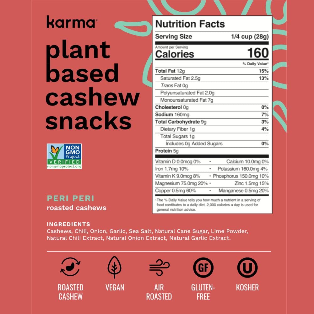 Peri Peri Cashews by Karma Nuts, Whole, Savory, Spicy, Roasted, Vegan, Gluten Free, Low Net Carb, Natural, Everyday Nut Snack, 8