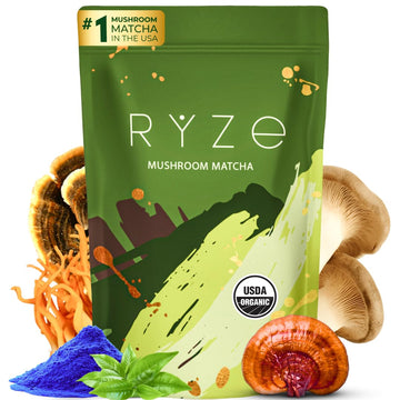 RYZE Mushroom Matcha, USDA Organic with 6 Adaptogenic Mushrooms and Ceremonial-Grade Japanese Matcha for Energy, Focus, Digestio