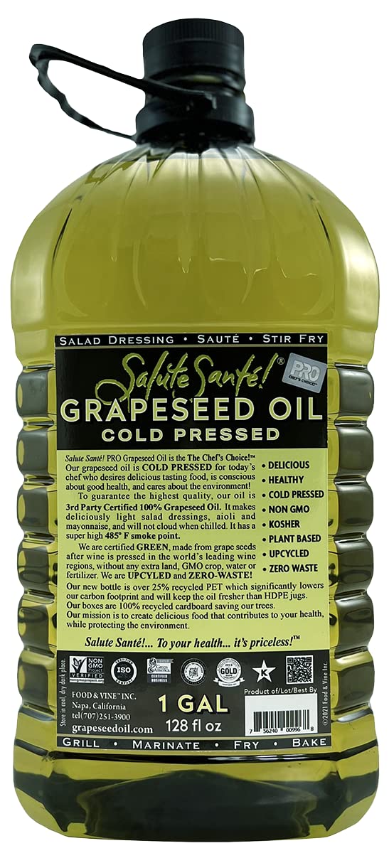Salute Santé! Cold Pressed Grapeseed Oil – Non-GMO, Kosher – 128 Fl Oz – Healthy Cooking Oil for Frying, Baking & Dressings