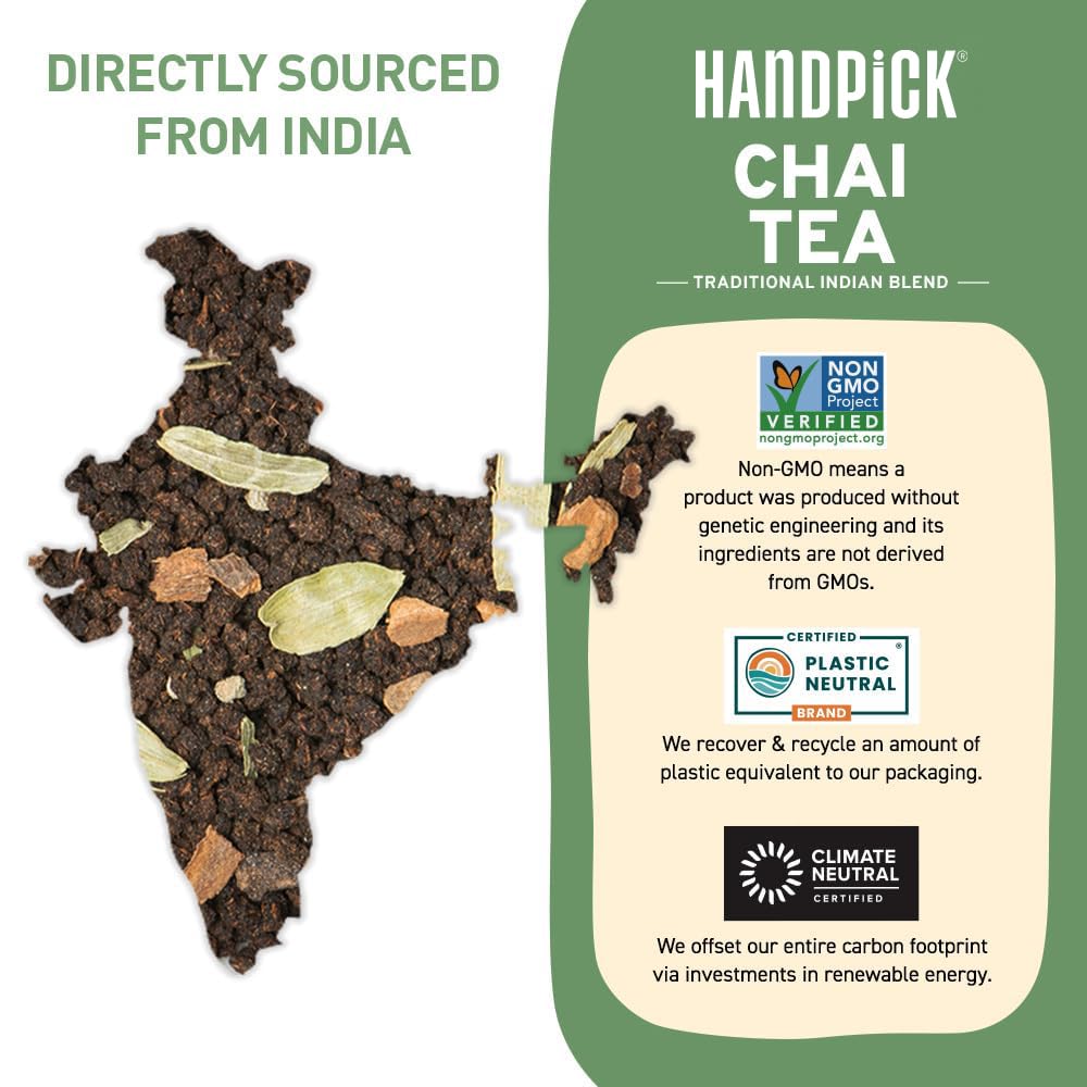 HANDPICK Masala Chai Tea Bags, Strong & Aromatic, Blended with Spices, 100 Count, Eco-conscious Round Bags