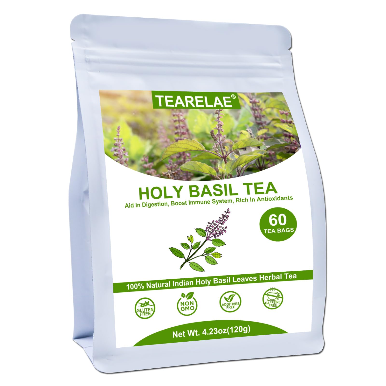 TEARELAE Holy Basil Tea Bags - 100% Pure Natural - 60 Count - Caffeine-Free - Non-GMO - Aids Digestion and Boosts Immunity