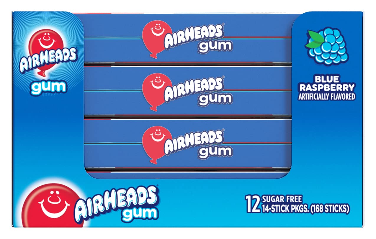 Airheads Chewing Gum, Blue Raspberry Flavor, Holiday Christmas Stocking Stuffers For Adults & Kids, Sugar Free, Xylitol, 14 Stic