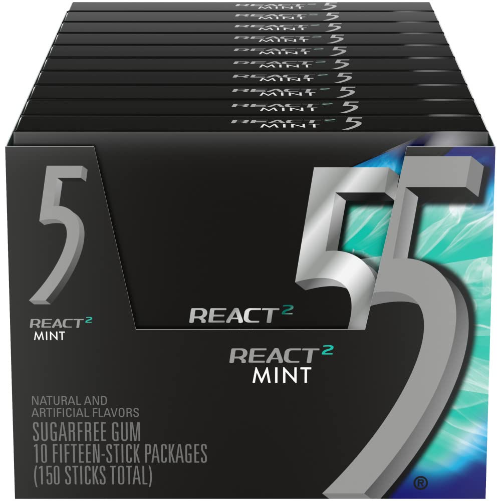 Wrigley's 5 Gum React Mint Sugar Free Chewing Gum - 10 Pack (15 Sticks Each) - Bulk Candy for Fresh Breath