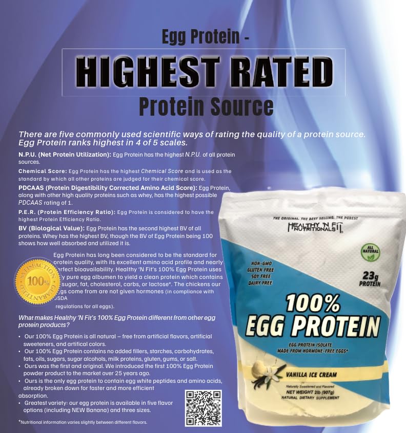 Healthy N Fit 100% Egg Protein - French Vanilla, 2LB, Zero Sugar, Zero Fat, Model 799750002432