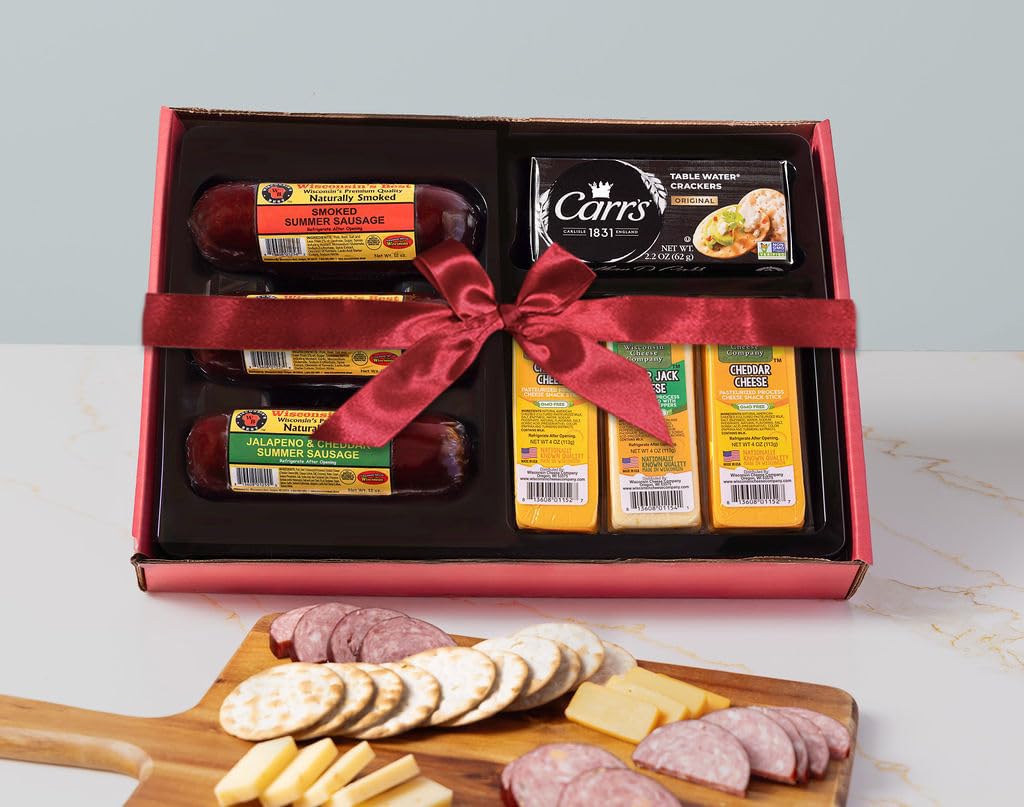 Wisconsin Cheese Company - The Snacker Holiday Gift Box - 100% Wisconsin Cheddar & Pepper Jack Cheese, Smoked Sausage &  er Gift Box | Perfect for Parties, Charcuterie Boards, and Holiday Gifts
