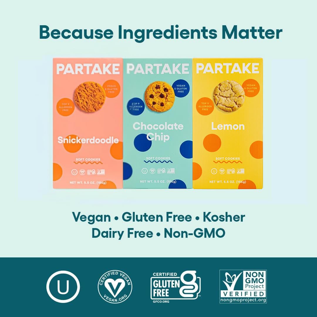 Partake Foods Gluten Free Soft Baked Cookies Variety Pack (Chocolate Chip, Lemon & Snickerdoodle) - Vegan - Free From the Top 9