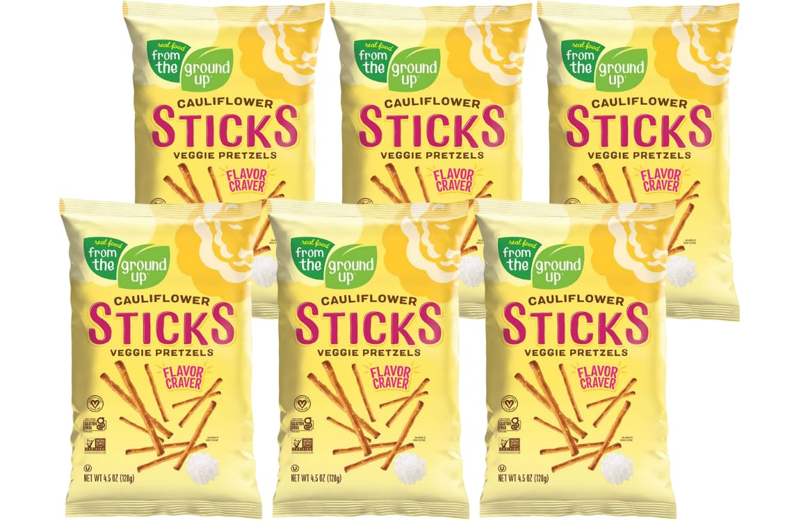 Real Food From The Ground Up Vegan Cauliflower Pretzels, Gluten Free, Non-Gmo, 6 Pack (Sticks)