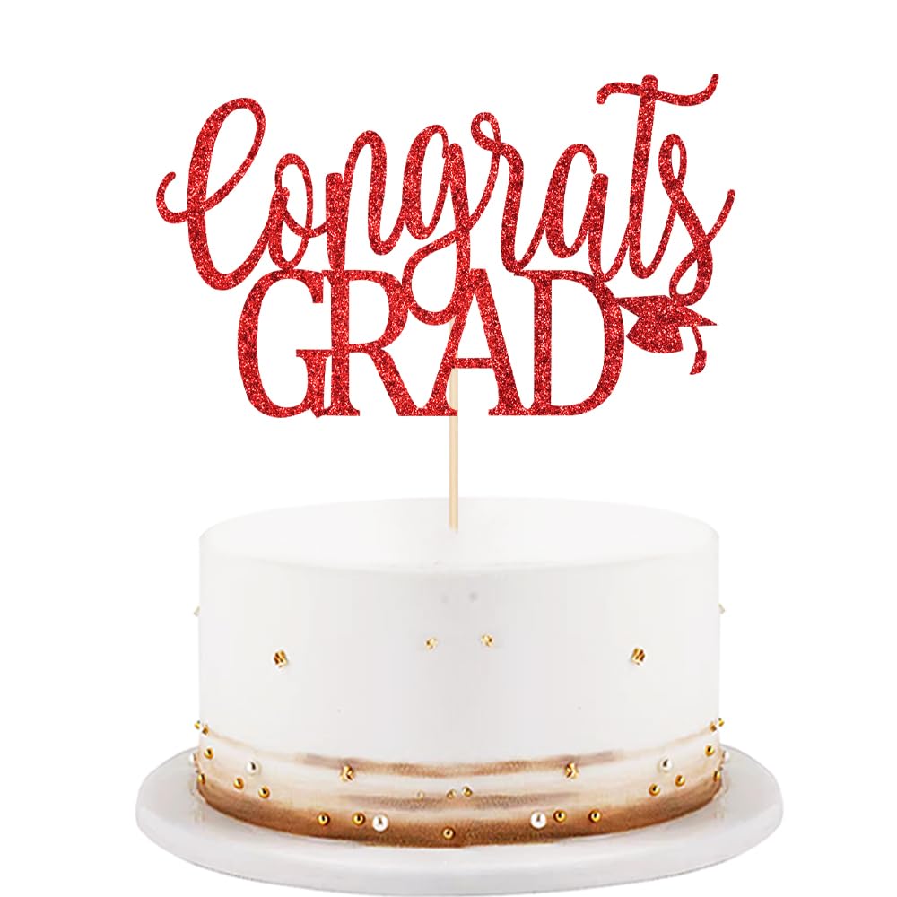 LVEUD Congrats Grad Cake Topper, Red Cardboard Graduation Decoration for 2025 Party