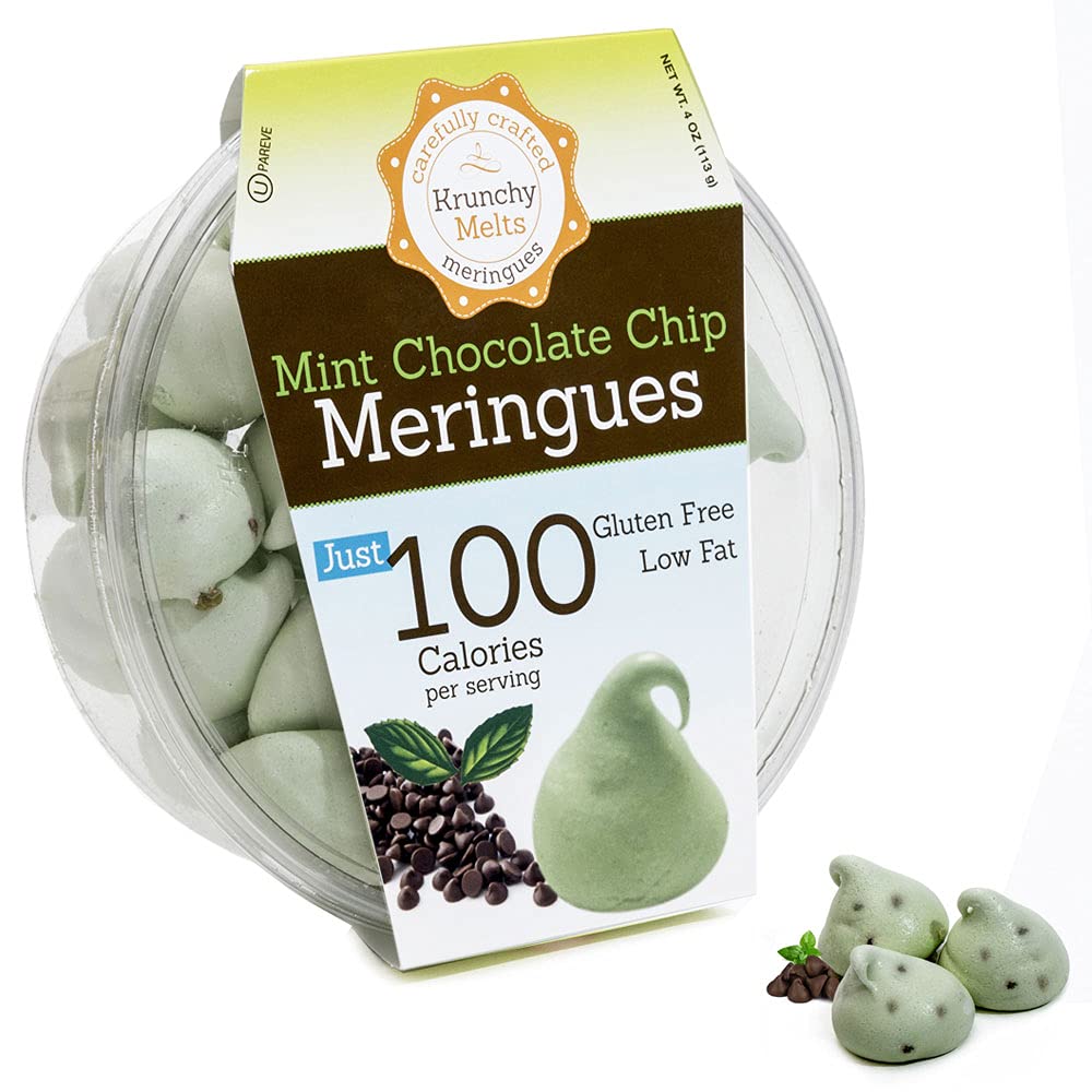 Krunchy Melts - Original Meringue Cookies - Mint Chocolate Chip Flavor - Fat Free - Gluten Free - Nut Free - 90 Calories Per Serving - Low Calorie Snack - Sweet Treats - 4 Oz