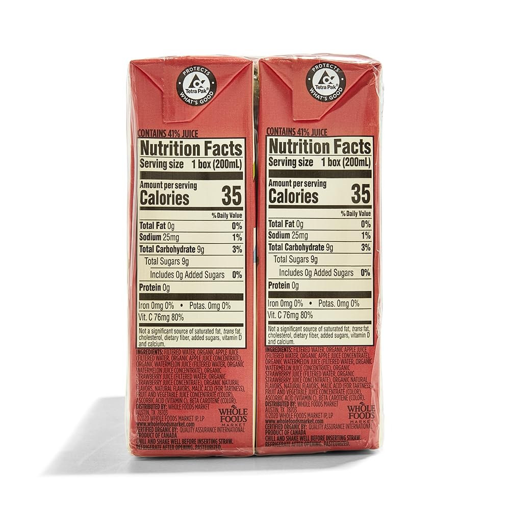 365 by Whole Foods Market, Box Juice Reduced Sugar Watermelon Strawberry Organic, 6.75 Fl Oz, 8 Pack