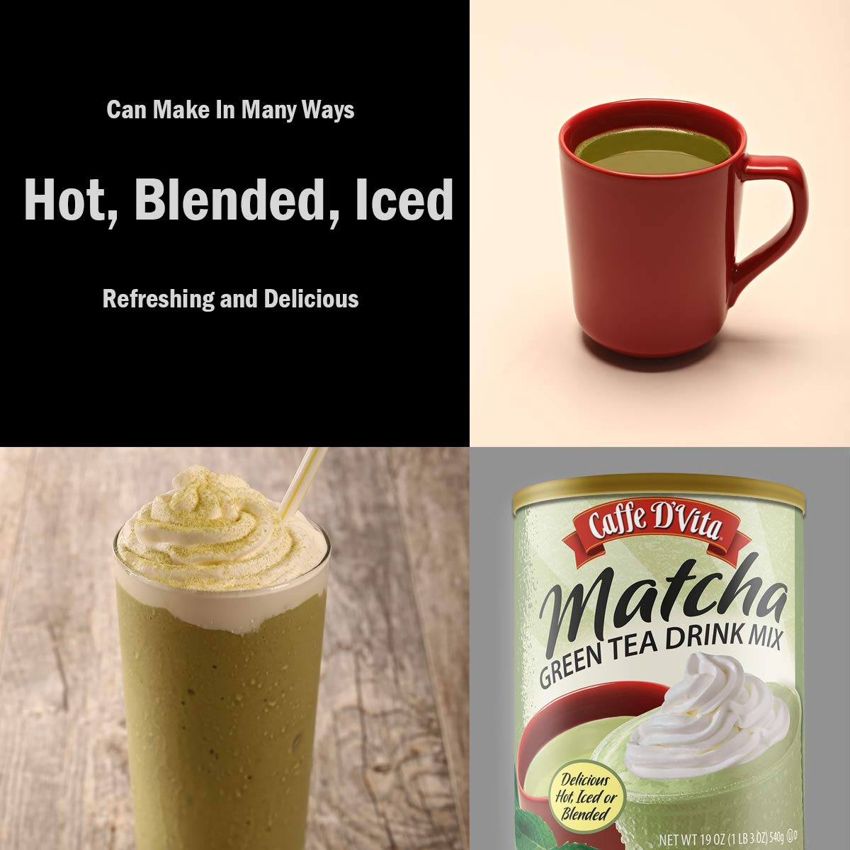 Caffe DVita Matcha Green Tea Drink Mix, Gluten Free, Low Fat, 19 Oz Can