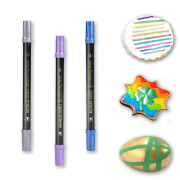 Edible Metallic Markers, 3Pcs Food Shimmering Color Pens With Dual Tips For Cookie/Cake/Cupcake/Fondant/Baking Decorating By Pre